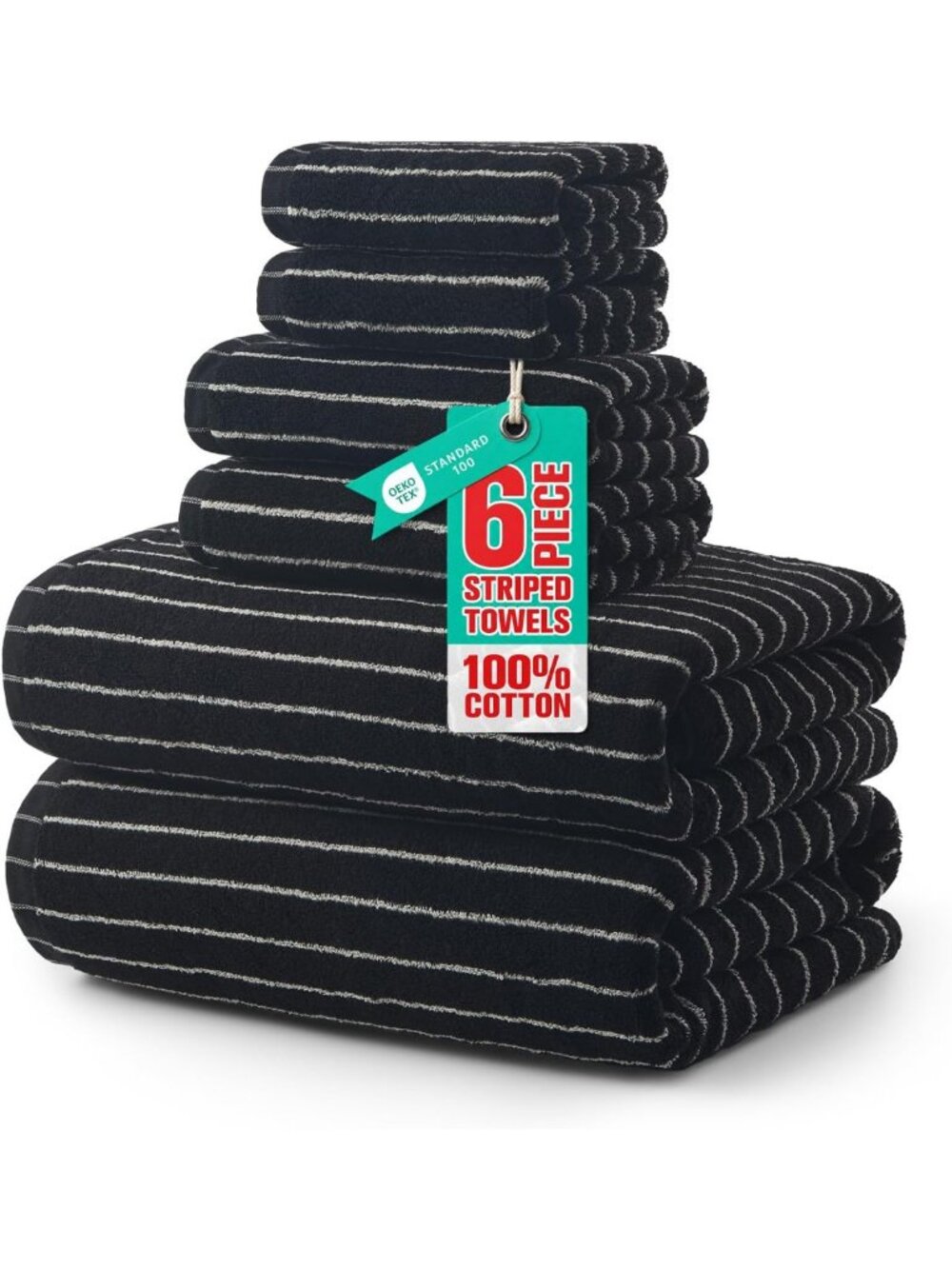 6-Piece Premium Cotton Bath Towel Set - Super Absorbent, Quick Dry, Striped